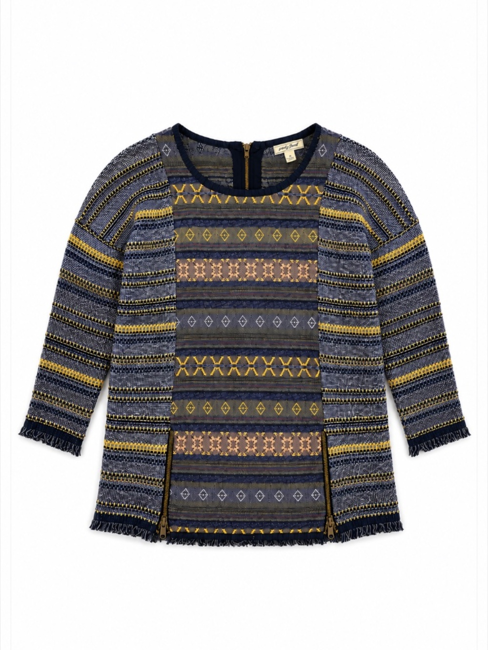 Lucky Brand Tribal Woven Sweater Top Size M Fringe Zip Sides